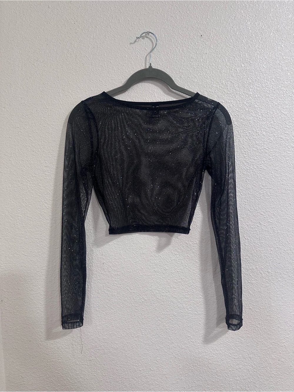 Windsor Black Sheer Glitter Long-Sleeve Cropped Top